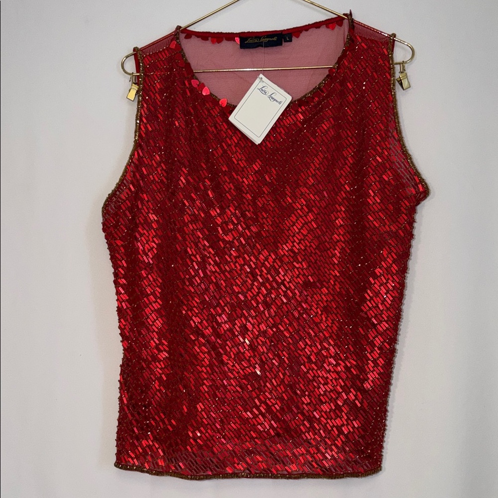Luisa Spagnoli Red Sequin Sleeveless Wedding Ready Date Night Dressy Blouse 🌹